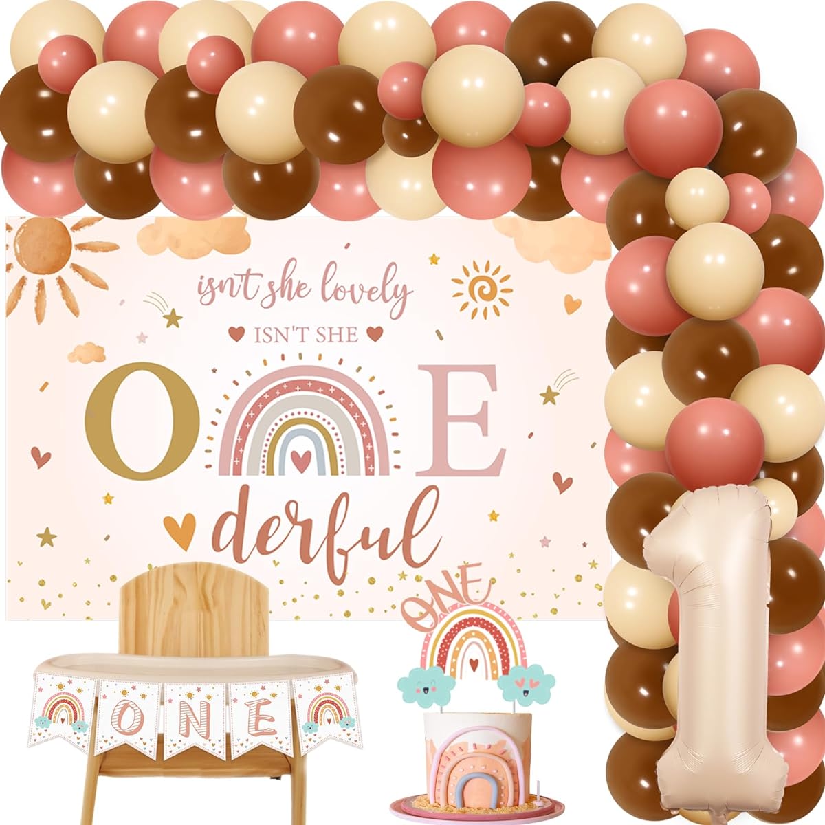 Isn't She Lovely Isn't She Onederful Decor Boho First Birthday Decorations Pink Brown Balloon Garland Kit with Backdrop Number 1 Foil Balloon Rainbow Cake Topper Highchair Banner