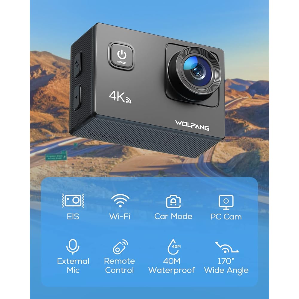 WOLFANG Action Camera 4K 20 Megapixel Underwater Camera Equipped with WiFi Compatible with External Microphone 40M Water Resistant HDMI Output 170 Degree Wide Angle Lens Remote Control Included 2 1050mAh Batteries Action Cam Wearable Camera Wide Range of