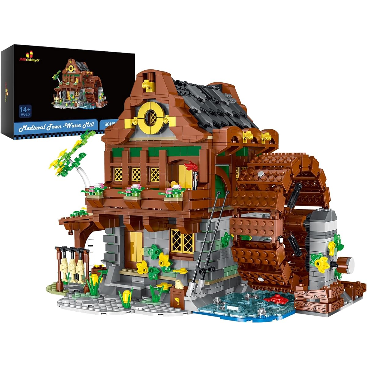 JMBrickalyer Medieval Town Water Mill Building Set for Adults Modular Street View House Model Blocks Model Kits for Adults Medieval Castle Collection Display Home Decoration Gift Ideas 30110