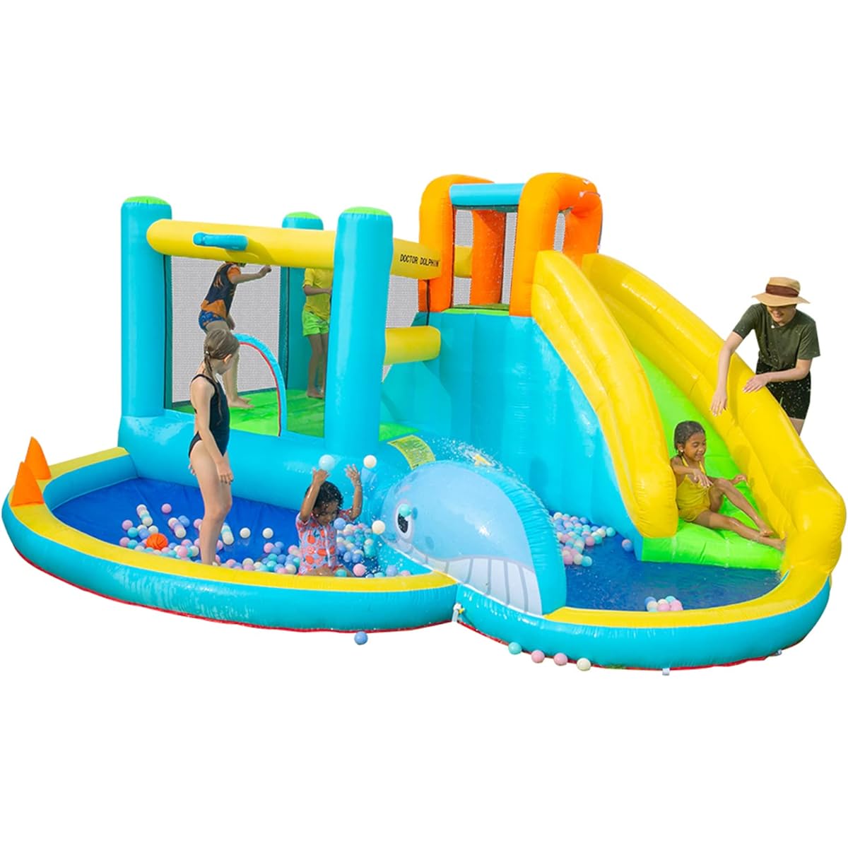 Dr. Dolphin Funny Inflatable Bounce - Jumper with Air Blower for Kids, Large Slide with Water Pool and 2 Air Blowers for Outdoor Backyard (Marine Whale Theme)
