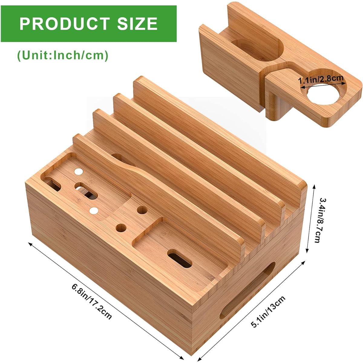 Bamboo Multifunctional Charging Station, Desk Bamboo Charging Stand, Docking Station Organizer, Compatible with Phones, Tablets, Watches, Earbuds (Includes 1 Watch and Earbuds Stand, 6 Cables, USB Charger)