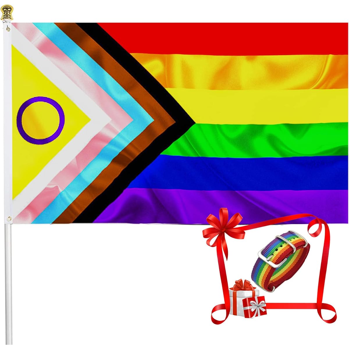 Pride Rainbow Flag 3x5ft Bisexual LGBTQ Non-Binary Lesbian Transgender Flag Double Stitched with 2 Brass Grommets Vibrant Color Fade Resistant (Gift: Rainbow Bracelet)