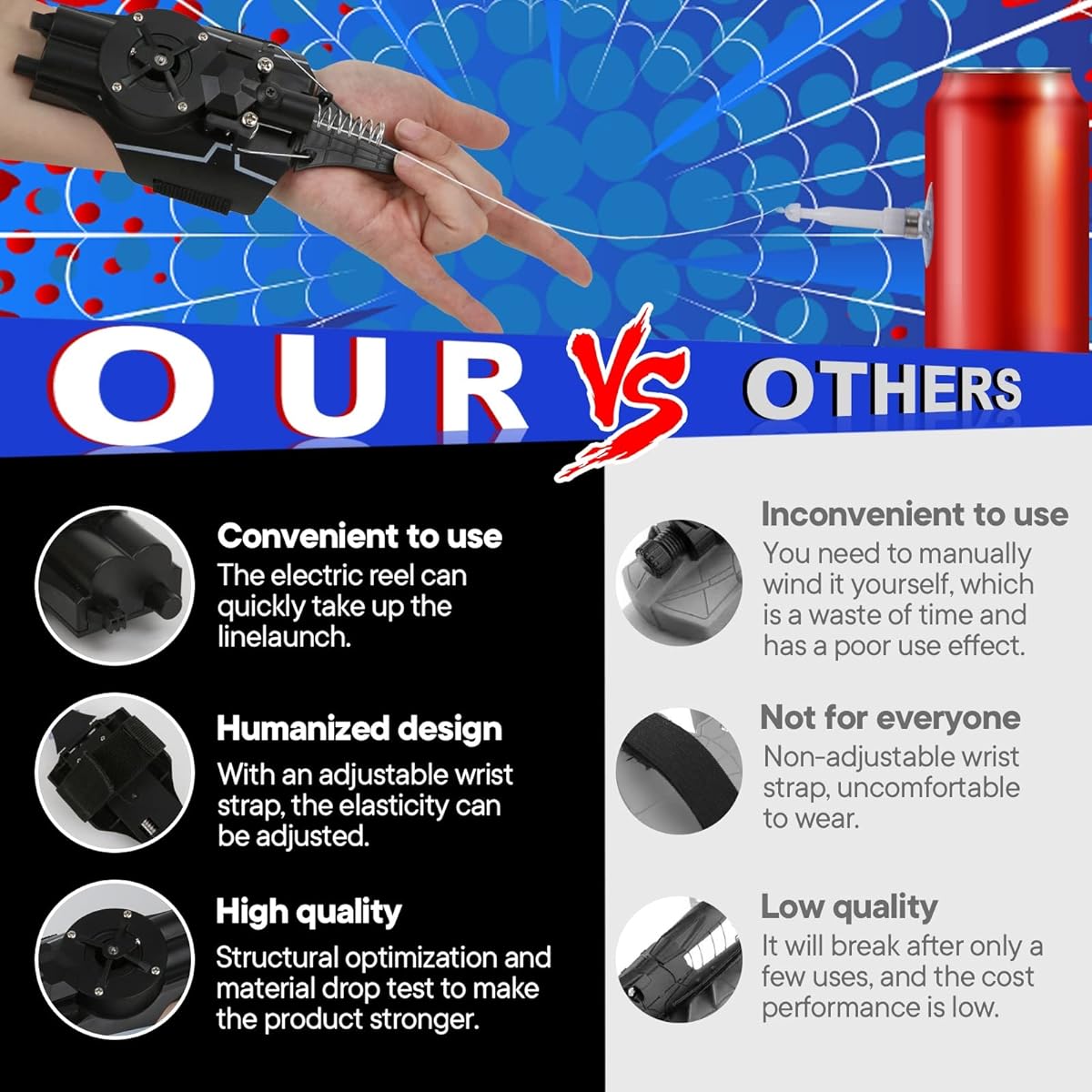 Web Shooter Launcher String Toy [Motorized Reel-in] Cool Gadgets Spider Web Shooters Real Silk [10ft Range] Superhero Role Play Cool Stuff Fun Toys Great for Men and Kids (Color: Black)