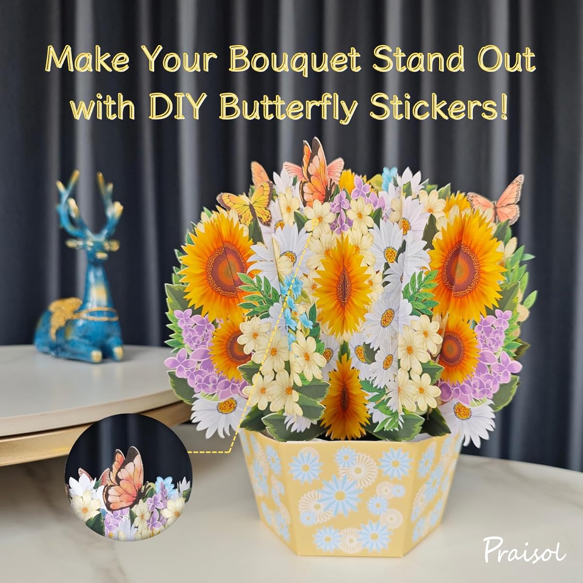 Praisol Flower Bouquet Greeting Card with Butterfly 3D Pop-up Card with Note Card and Envelope (Sunflower)