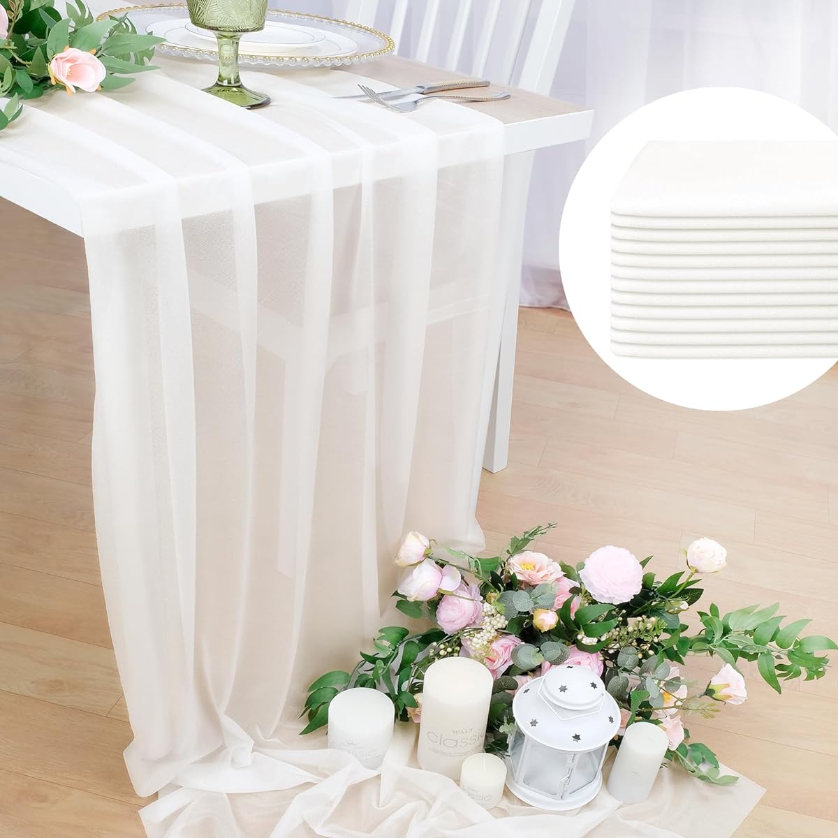 Babenest 13ft Dusty Ivory Table Runner 12 Pack 35x140 Inch Wedding Runner Sheer Thanksgiving Christmas Bridal Shower
