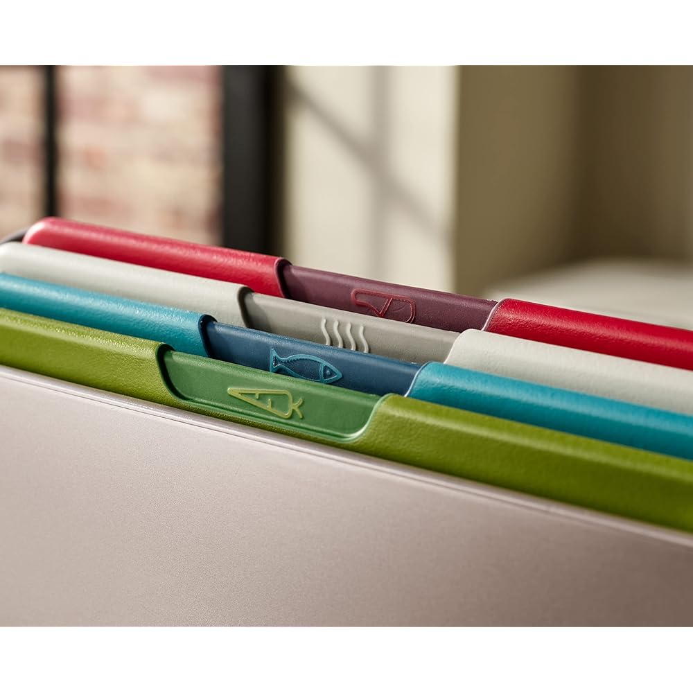 Joseph Joseph Cutting Board Folio Icon Set of 4 with Ingredient Icons, Different Use Chopping Board, Dishwasher Safe, Storage Case Included, Large, Multicolor [Genuine Product] 60219
