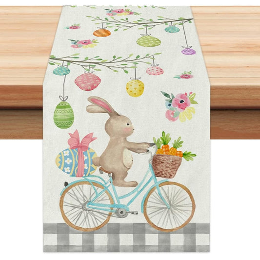ARKENY Easter Egg Table Runner 72" Rabbit Bike Coffee Home Dining Indoor Seasonal Spring Holiday Farmhouse Tabletop Decor AT377