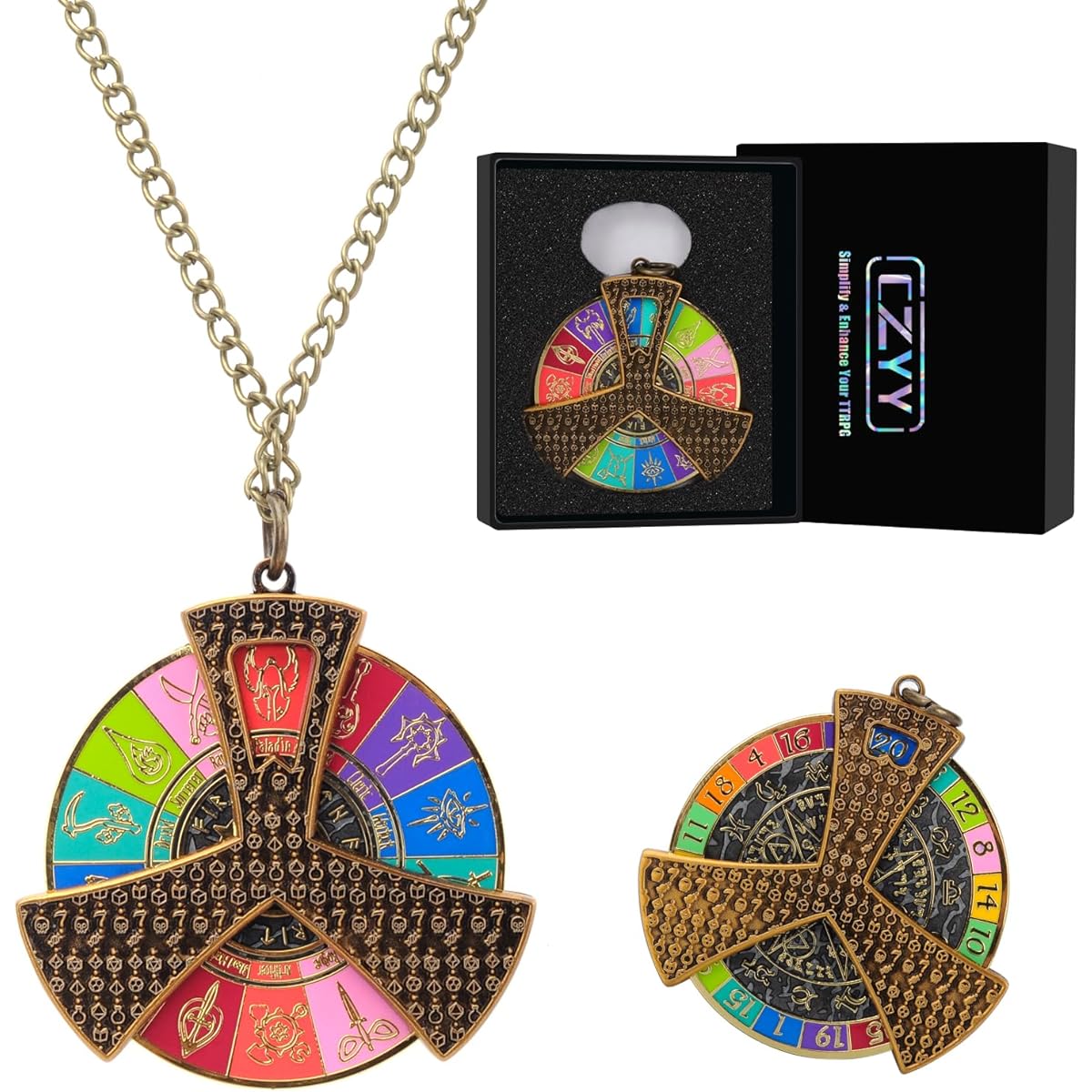DND 5E Class & D20 Dice Spinner Necklace - 2-in-1 Class Roulette Picker & D20 Dice Roll Fidget Tool - Hard Enamel Roleplaying Jewelry Accessories Gifts for D&D Players, Metal