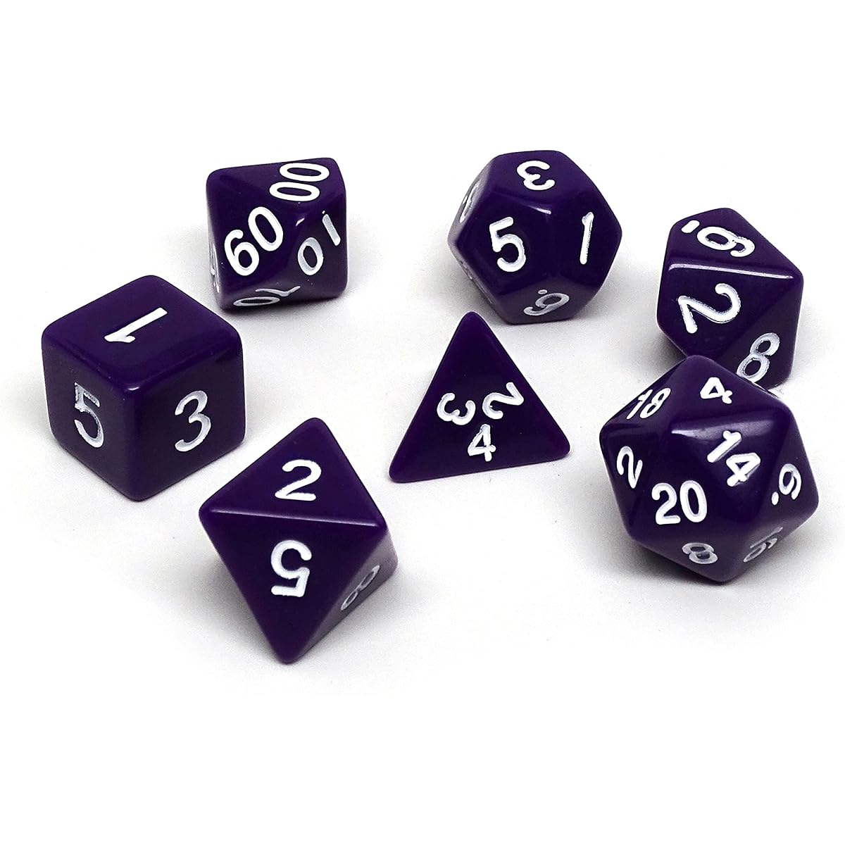 Opaque Polyhedral Dice Set – 7 Piece Dice Set D20 D12 D10 D8 D6 D4 D00 (Purple and White Font)