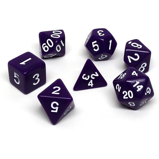 Opaque Polyhedral Dice Set – 7 Piece Dice Set D20 D12 D10 D8 D6 D4 D00 (Purple and White Font)