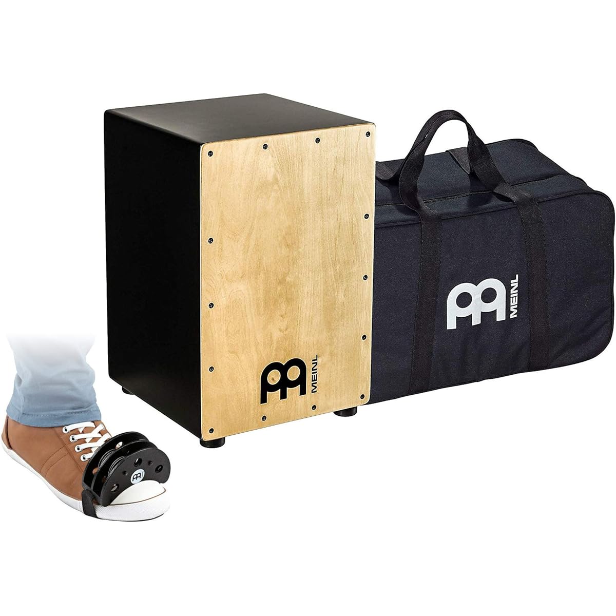 MEINL Percussion Cajon MCAJ100BK-MA + Genuine gig bag included + MEINL Percussion Foot Tambourine FJS2S-BK set
