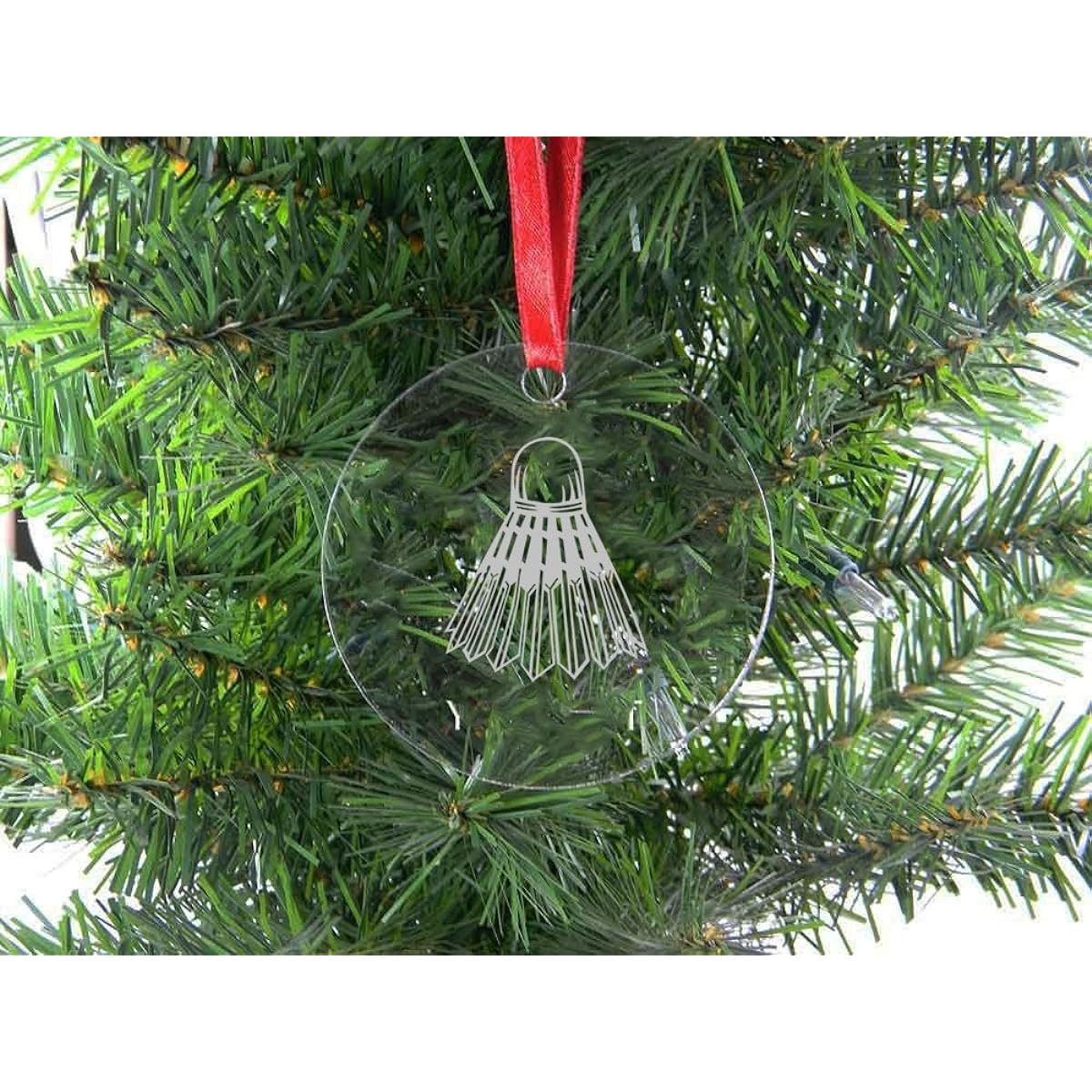 Personalized Custom Badminton Clear Acrylic Hanging Christmas Tree Ornament with Red Ribbon