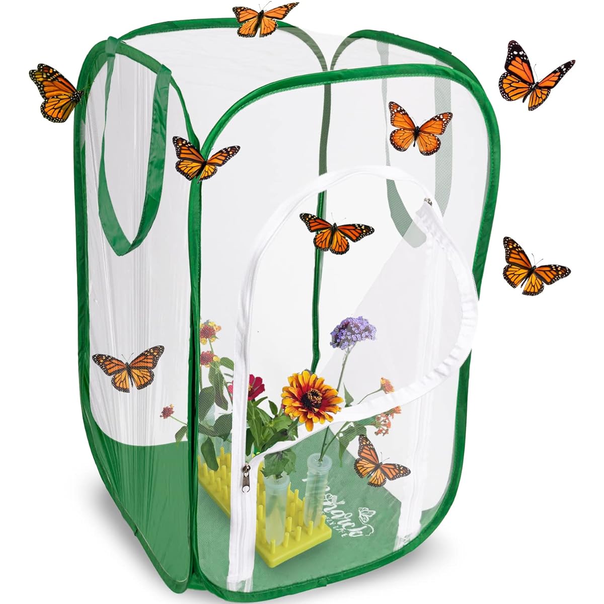 MONARCH BUTTERFLY LIFE Tall Baby Butterfly Cage with Drawbridge Open Door and Viewing Window | 14"L x 14"W x 24"H | Raise up to 10 Monarchs in a Professional Habitat