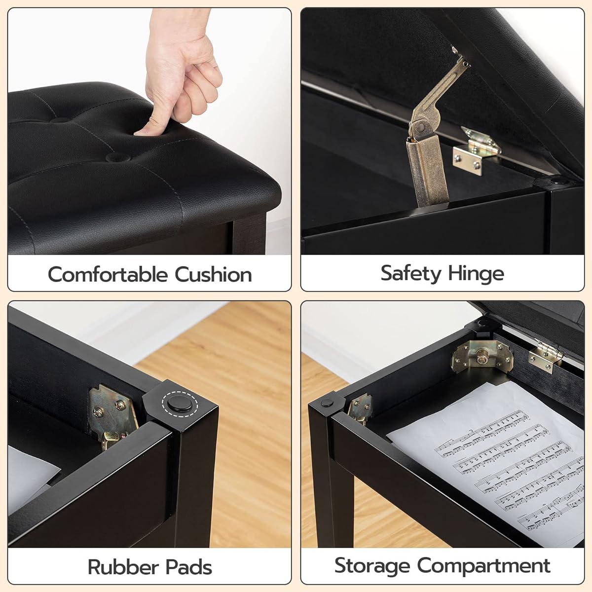 HOOBRO Duet Piano Bench with Padded Cushion and Storage Compartment Music Seat Music Bench Piano Stool Vanity Chair 300lb Capacity 11.5 x 13.6 x 19.3 inches Black BB26QD01