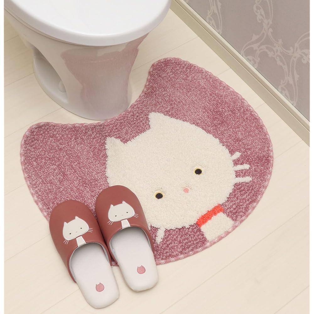 isso ecco chatron toilet fabric [toilet mat, lid cover, slippers, cat, white cat, black cat, cute] (toilet mat/slippers set, pink)