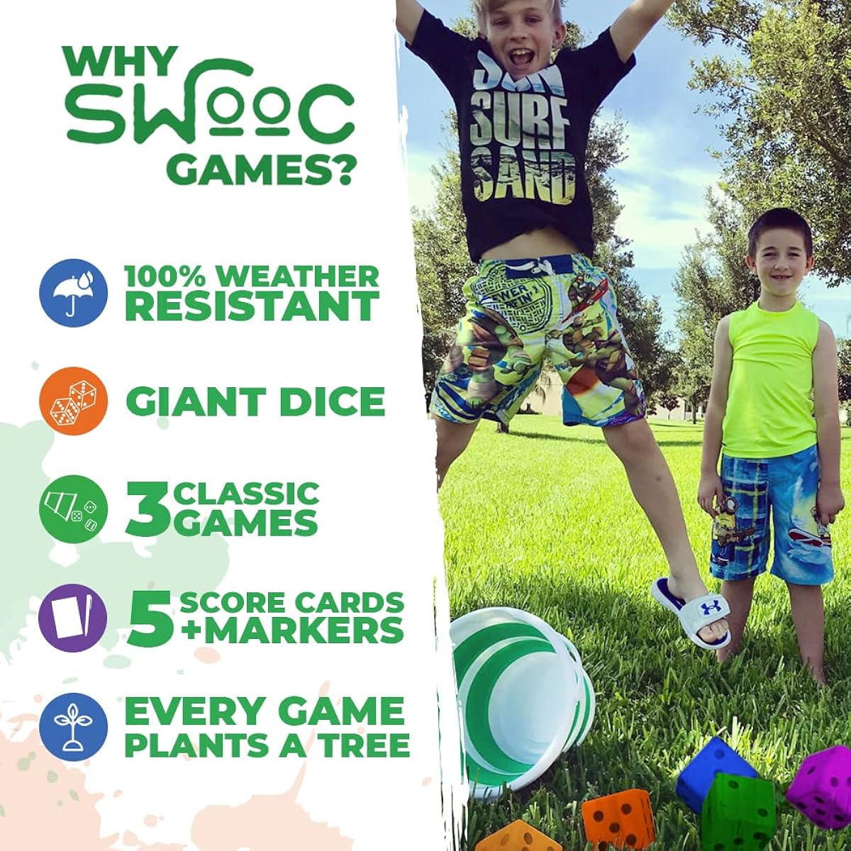 SWOOC Games - Yardzee Outdoor Game with Bucket (All Weather) - 5 Scorecards & Markers - Quick Dice & Farkle Yard Dice Game Set - Yard Dice Giant Wooden Yard Game - Lawn Dice Set - Family Yard Games