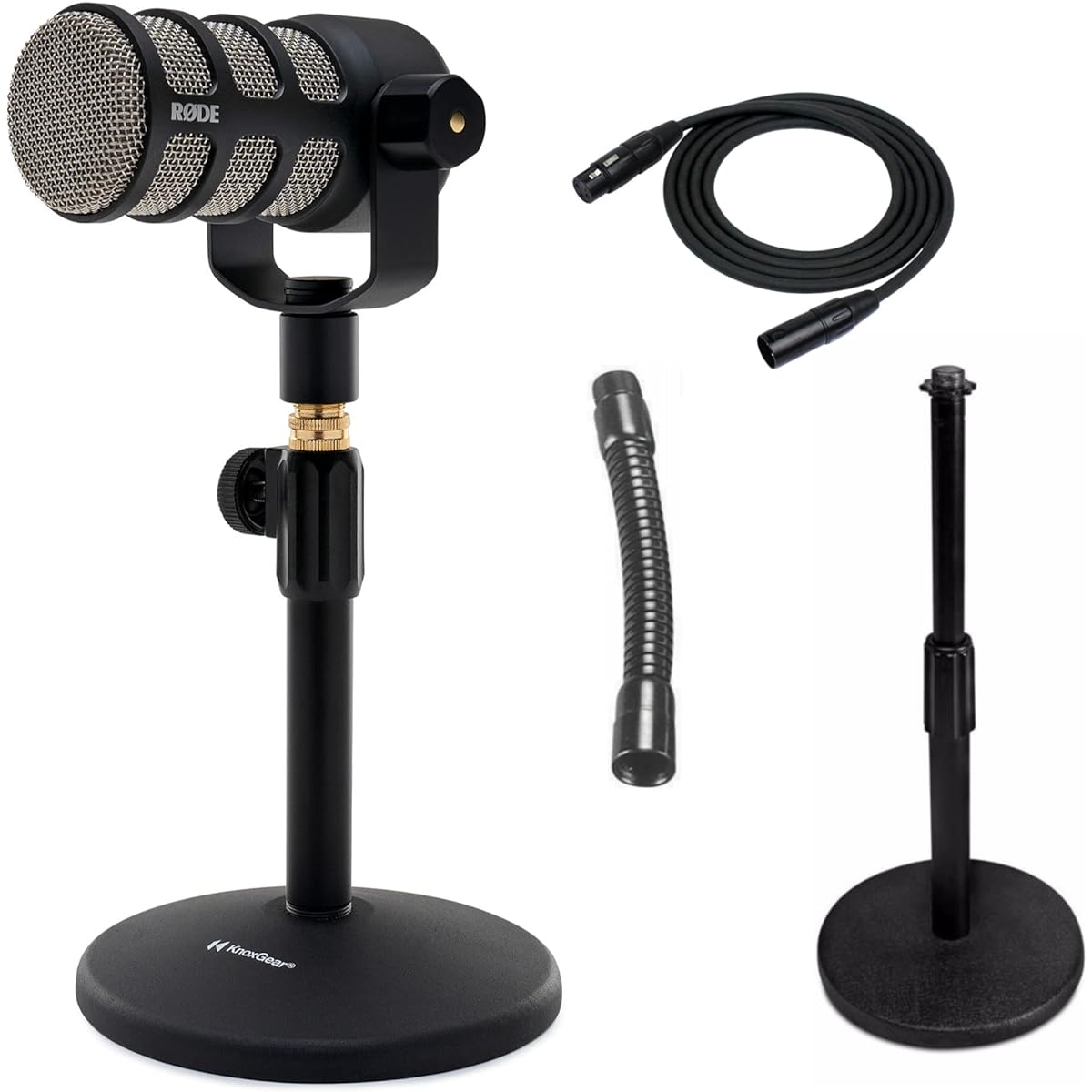 Rode PodMic Cardioid Dynamic Podcasting Microphone Bundle with Knox Gear Desktop Telescoping Mic Stand and XLR Cable (3 Items)