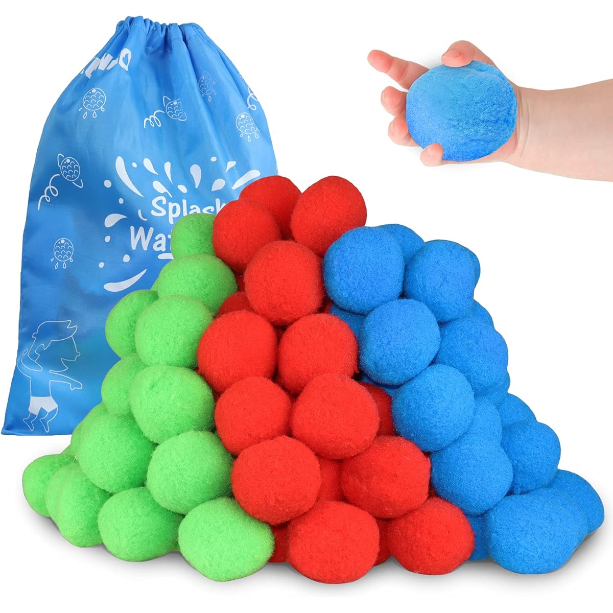 KUANGO 60pcs Cotton Water Balls for Teens and Adults, Reusable Splash Water Balls Trampoline Toys with Accessories and Bag, Pool Beach Water Balloons Outdoor Water Toys for 4-8 8-12