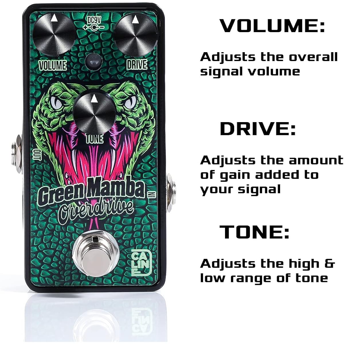 Caline G002 Green Mamba Overdrive Pedal - Electric Overdrive Effect Classical Guitar Effect Pedal with Volume, Drive, and Tone Settings with True Bypass