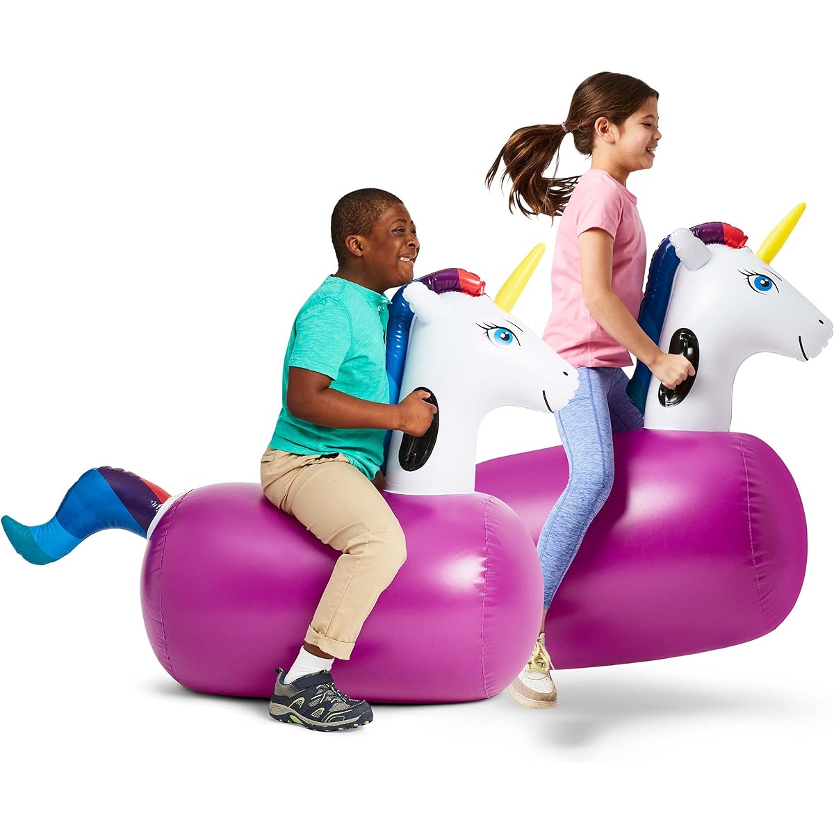 HearthSong Hop 'n Go Inflatable Bouncy Ride-Ons, Set of 2, 48"L x 20"W x 36"H, Set of 2, Outdoor Play, Ages 5+, Unicorn