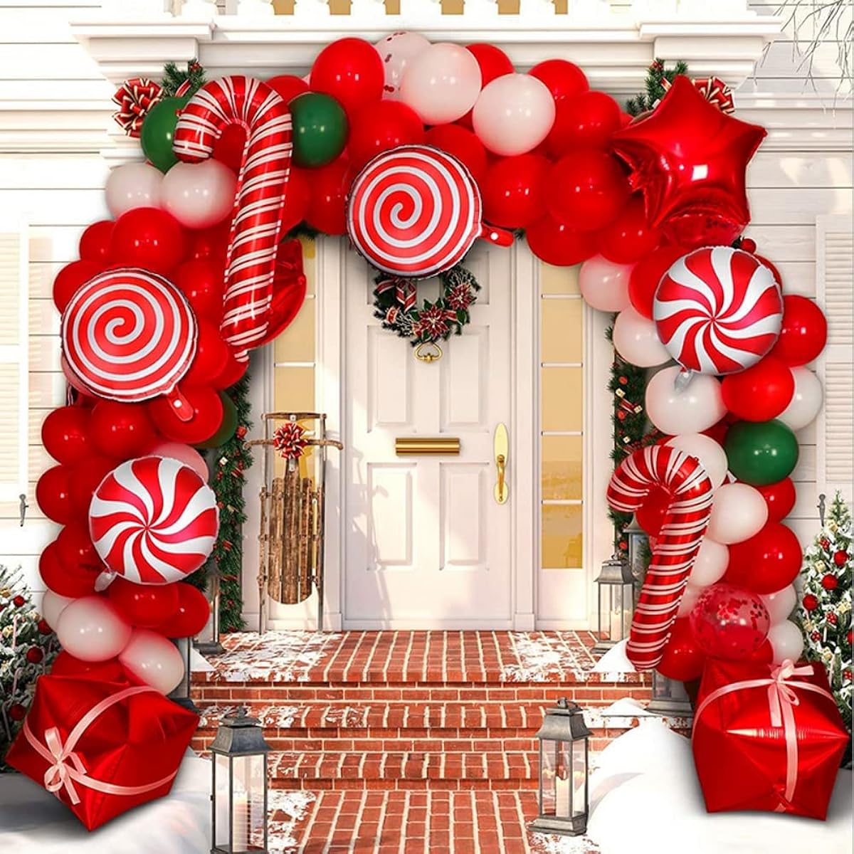 Christmas Balloon Garland Arch Kit 172pcs Christmas Red White Candy Balloons Gift Box Balloons Red Star Balloons Christmas Party Decorations