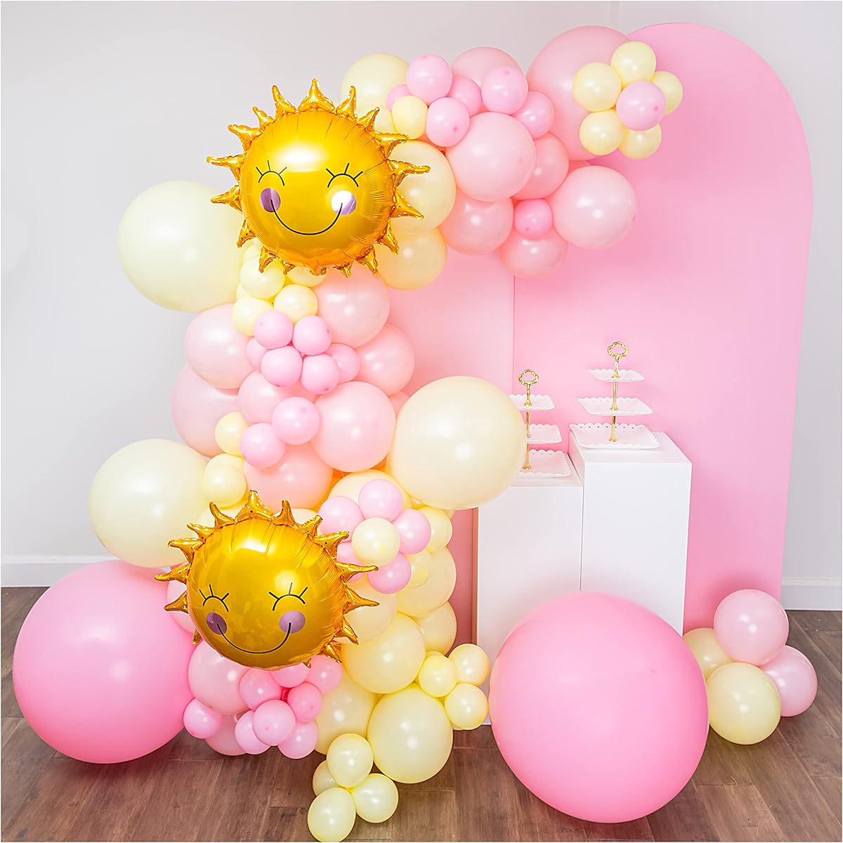 Sparkly Confetti 16ft Pink Lemonade Balloon Garland Arch Kit with Sunshine Foil Balloons + Leaves