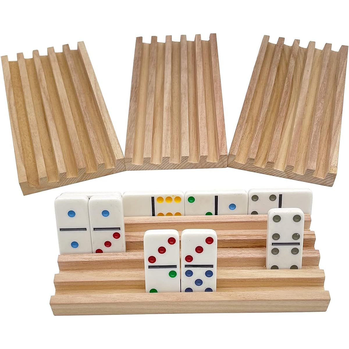 SUTIMSHE Natural Wood Domino Rack, Domino Tile Holder, Domino Tray Set of 4 for Mexican Train, Chicken Foot and Other Domino Games