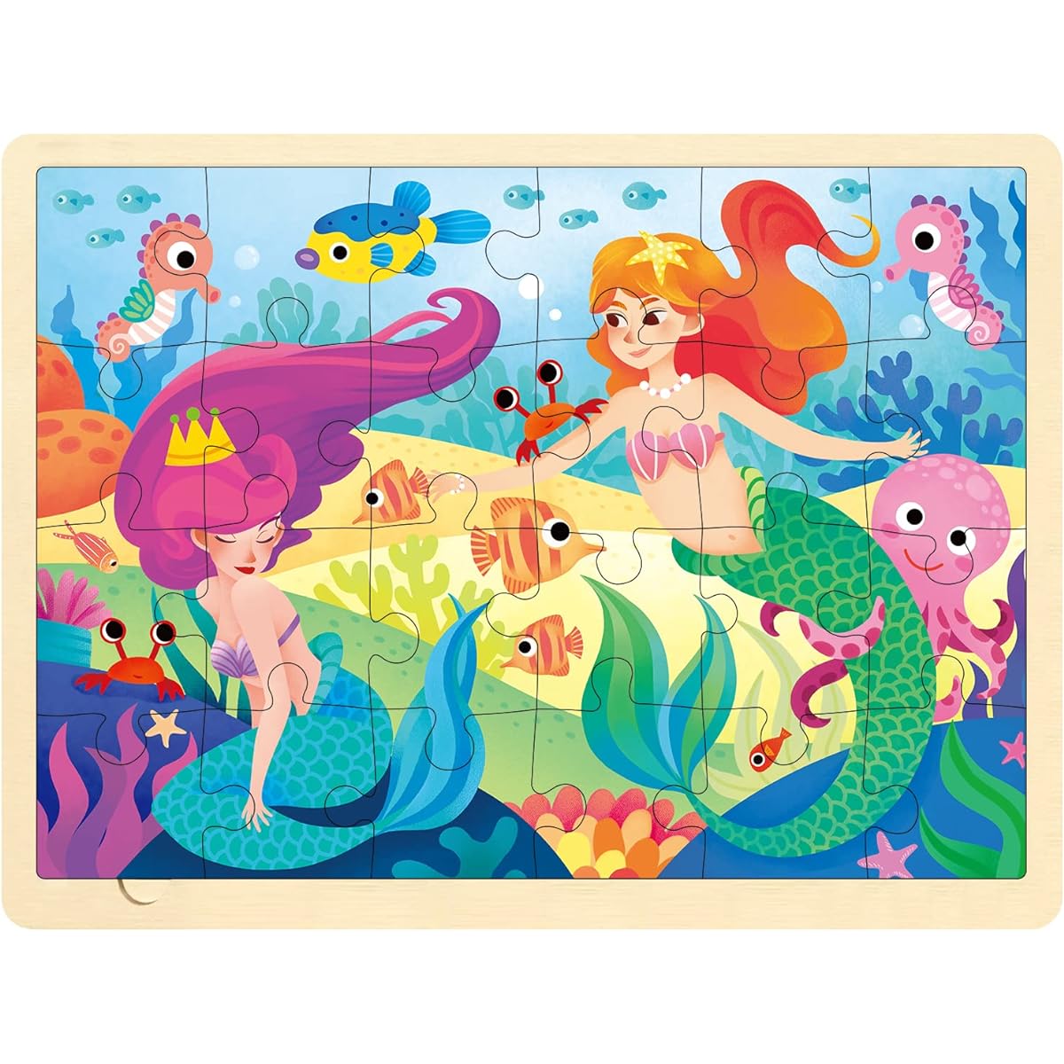 MingTa 24 Piece Puzzle for 3 Years Old, Little Mermaid Wooden Jigsaw Puzzle for 3-5 Years with Unique Puzzle Pieces, Educational Toddler Puzzle for Ages 2-4 with Storage Tray