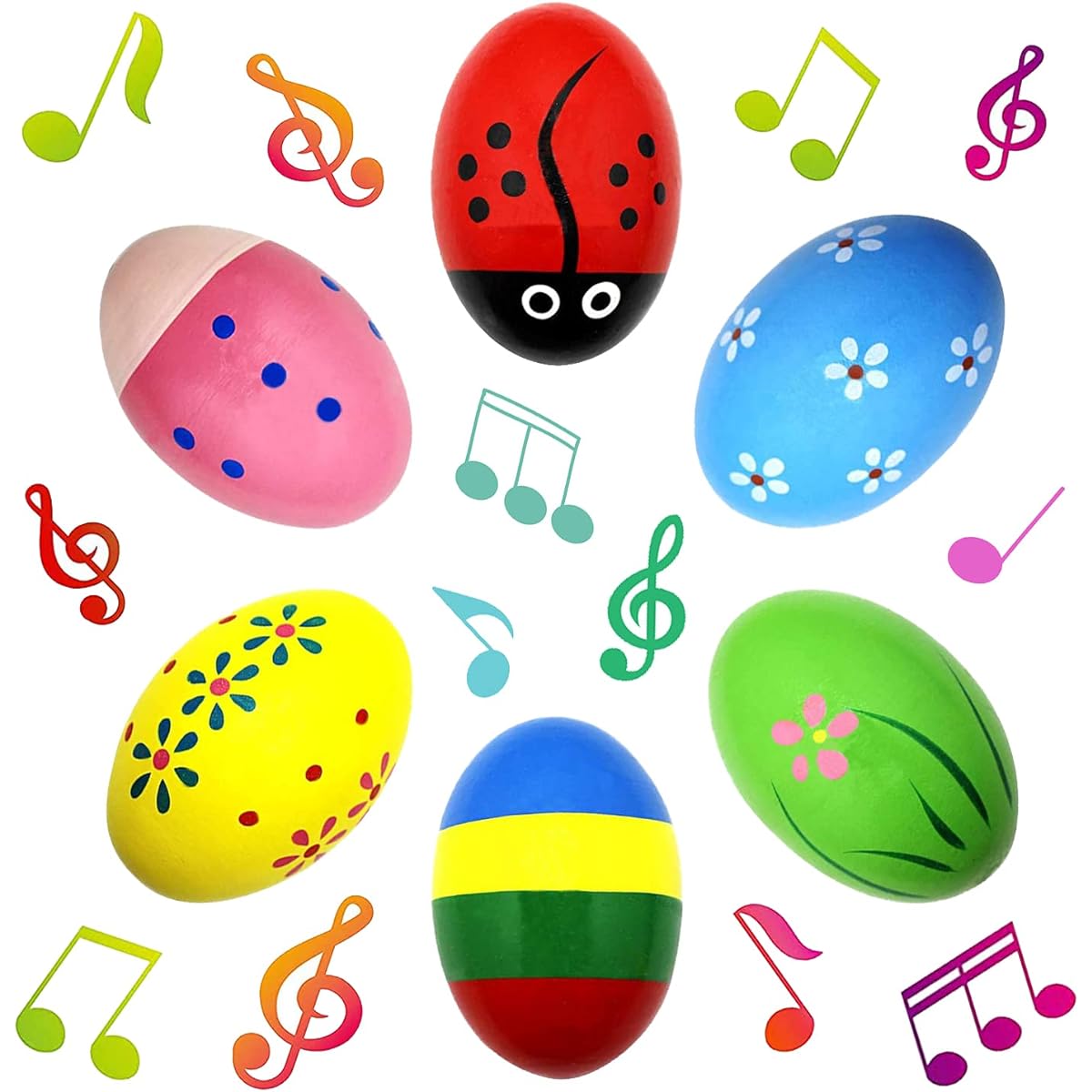 Wooden Easter Egg Shaker Baby Easter Maracas Easter Egg Baby/Kids Musical Instrument Early Learning Toy 6 Pieces