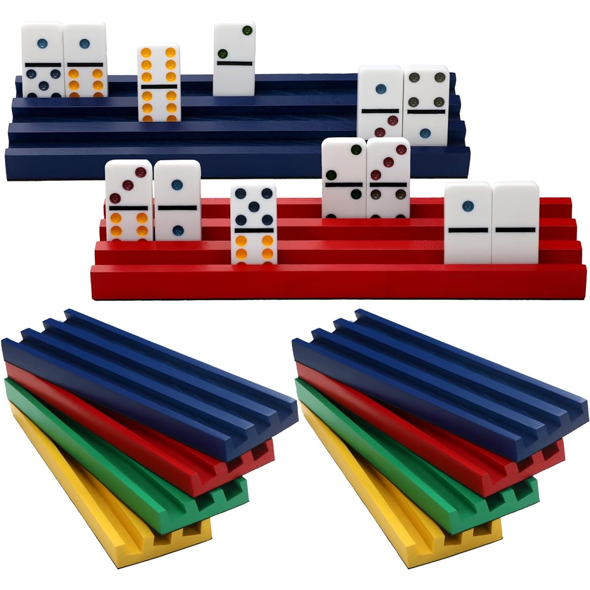 Tatuo Colorful Domino Tray Wooden Domino Rack Wooden Domino Holder Domino Stand Tile Holder Mexican Train Domino Accessories Domino Game Supplies (Dominos Not Included) 8 Pieces