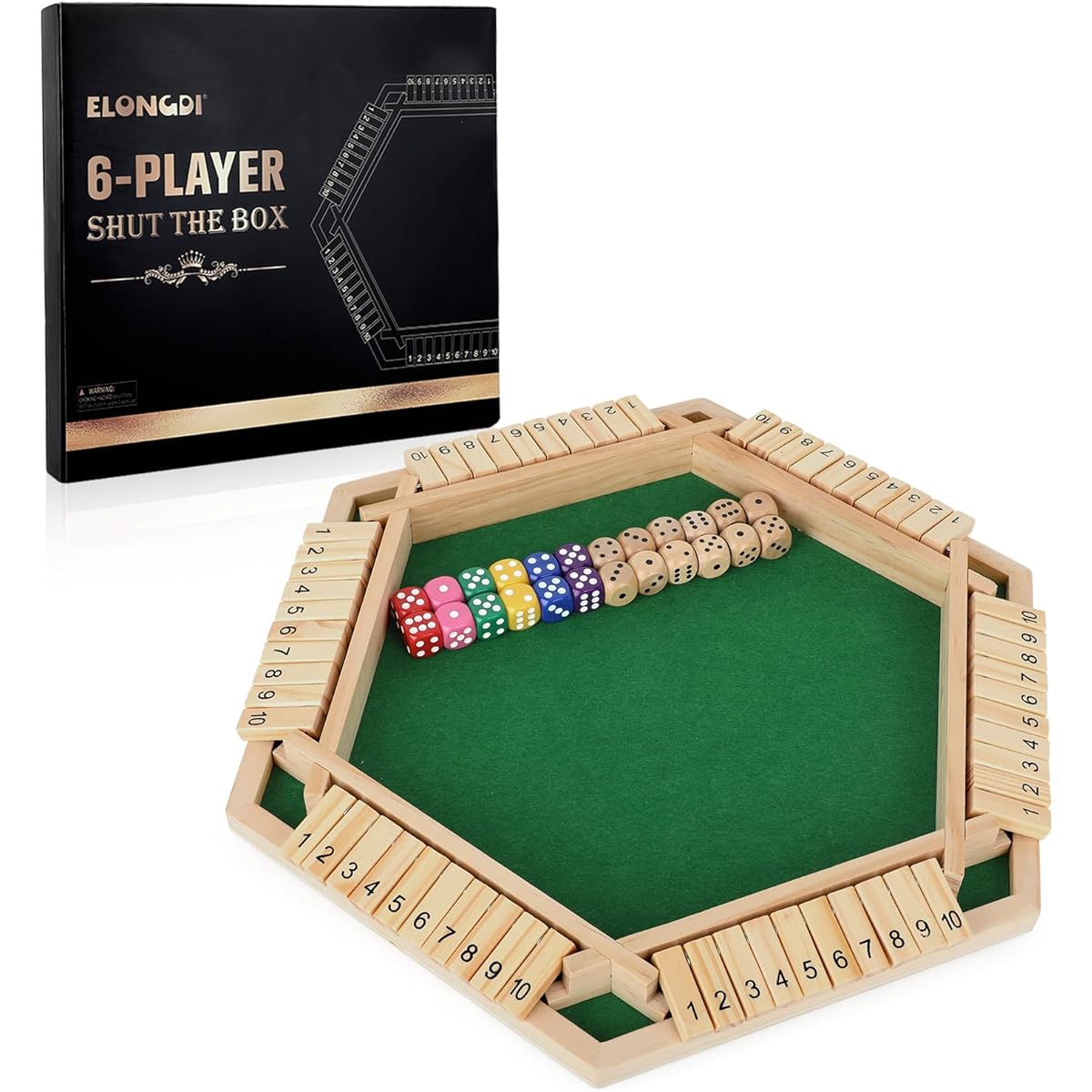 ELONGDI Dice Game Wooden Board Game Dice Game 6 Players Dice Table Match Game for Kids and Adults, Family, Pub (6.4 x 13.4 Inch)