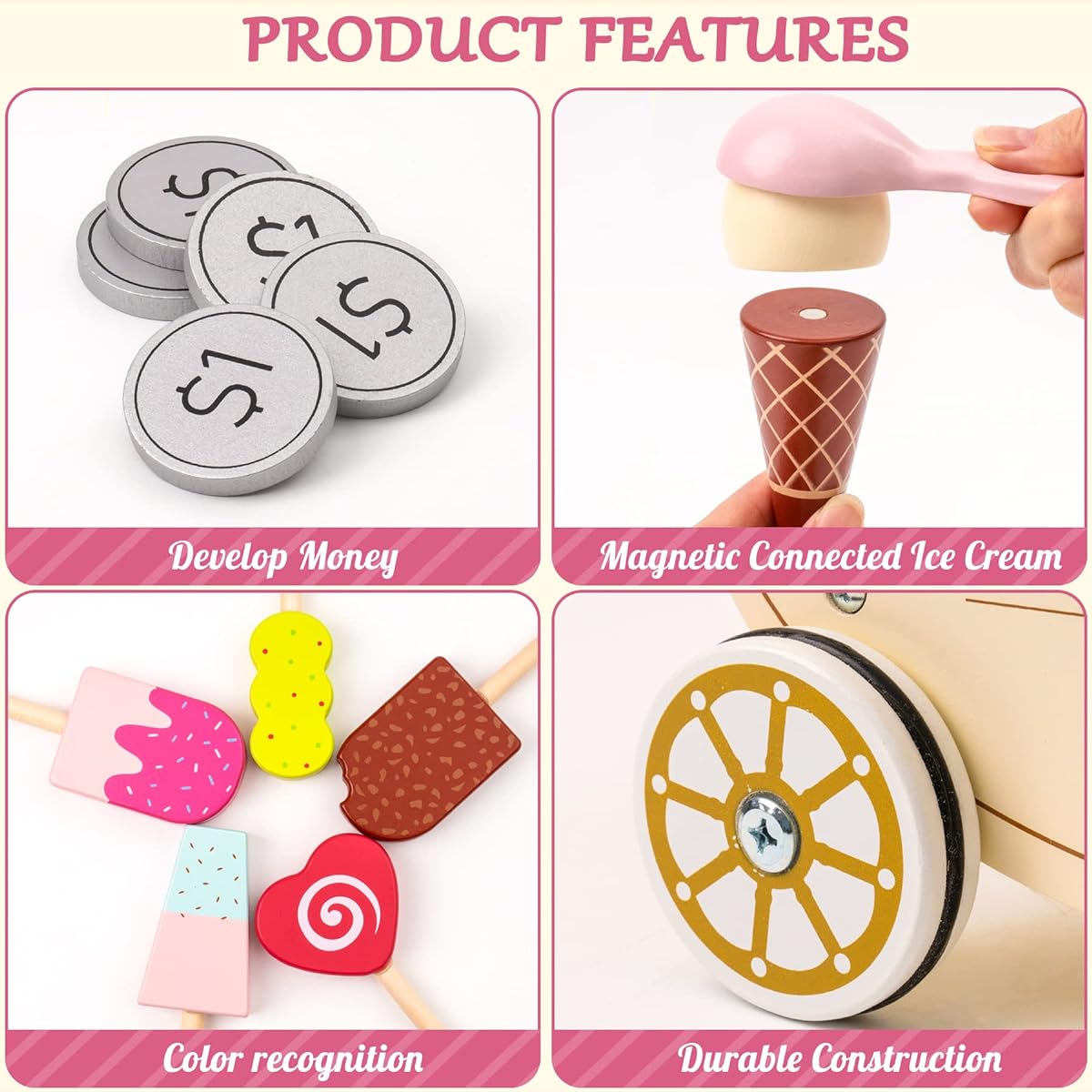 ROBUD Kids Ice Cream Cart Toddler Wooden Ice Cream Truck Food Toy for Boys Girls Ages 3+