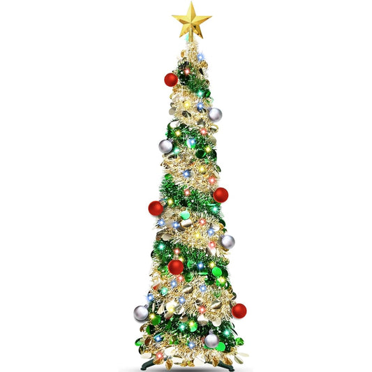 TURNMEON 5ft Pop Up Tinsel Christmas Tree Decor Timer 50 Color Lights 3D Star Balls 10 Ornaments Sequins Battery Operated Artificial Pencil Slim Tree Christmas Decoration Indoor Home Party (Champagne Gold)