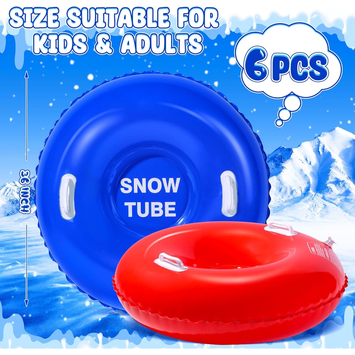 Syhood Snow Tube Sleds 6pcs Bulk 36" Inflatable Snow Sleds with Handles Heavy Duty Snow Tubes Large Snow Tubes for Kids Adults Winter Outdoor Sledding Skiing Winter Sports Fun