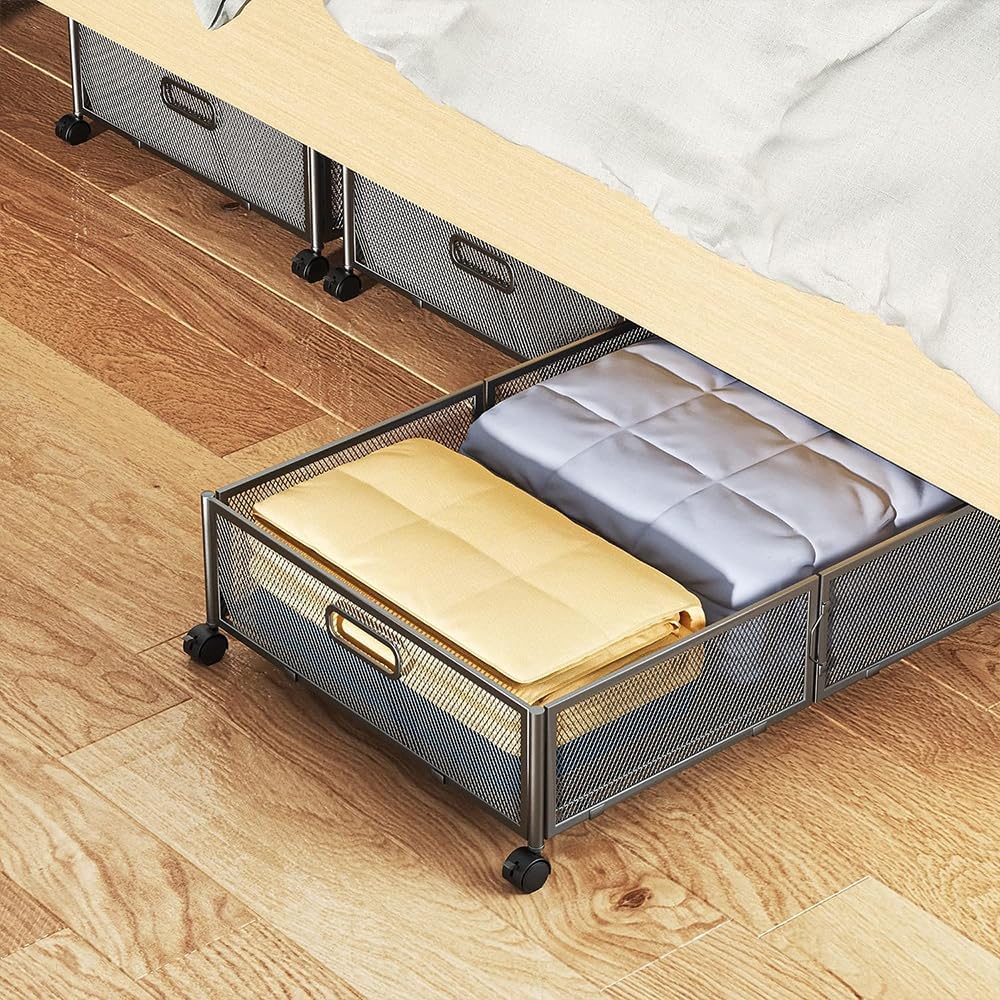 Under-bed storage box, 2-piece set, with casters, storage case, futon bag, space utilization, handle