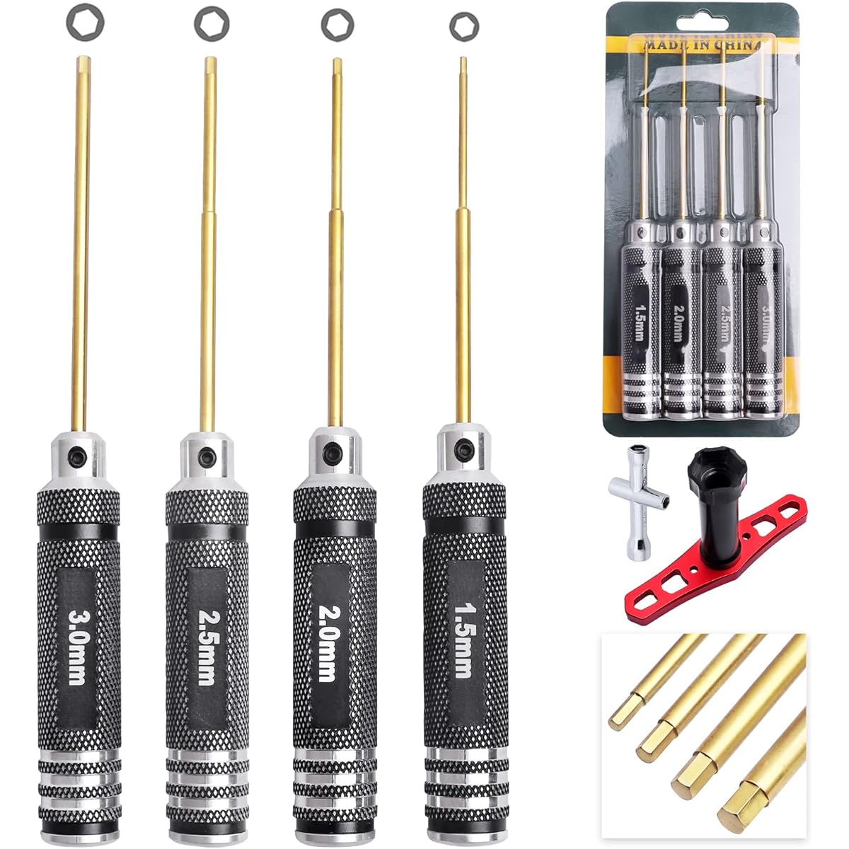 HobbyPark RC Hex Driver Set, 1.5mm 2.0mm 2.5mm 3.0mm Small Hex Wrench and Extended 17mm Wheel Wrench RC Car Repair Tools for Traxxas Arrma Axial Models