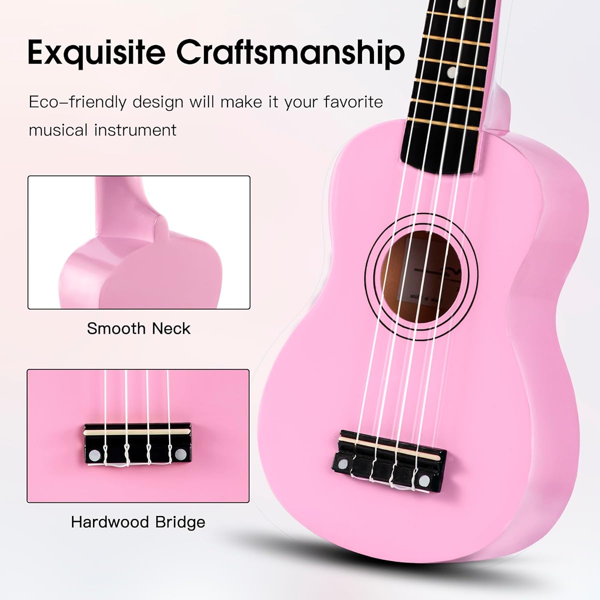 ADM Soprano Ukulele Beginner 21 Inch Hawaiian Wood Ukulele Kit Kids Adults Student Starter Professional Ukalely Pack Bundle Free Lessons Gig Bag Strap Nylon String Tuner Pick, Pink