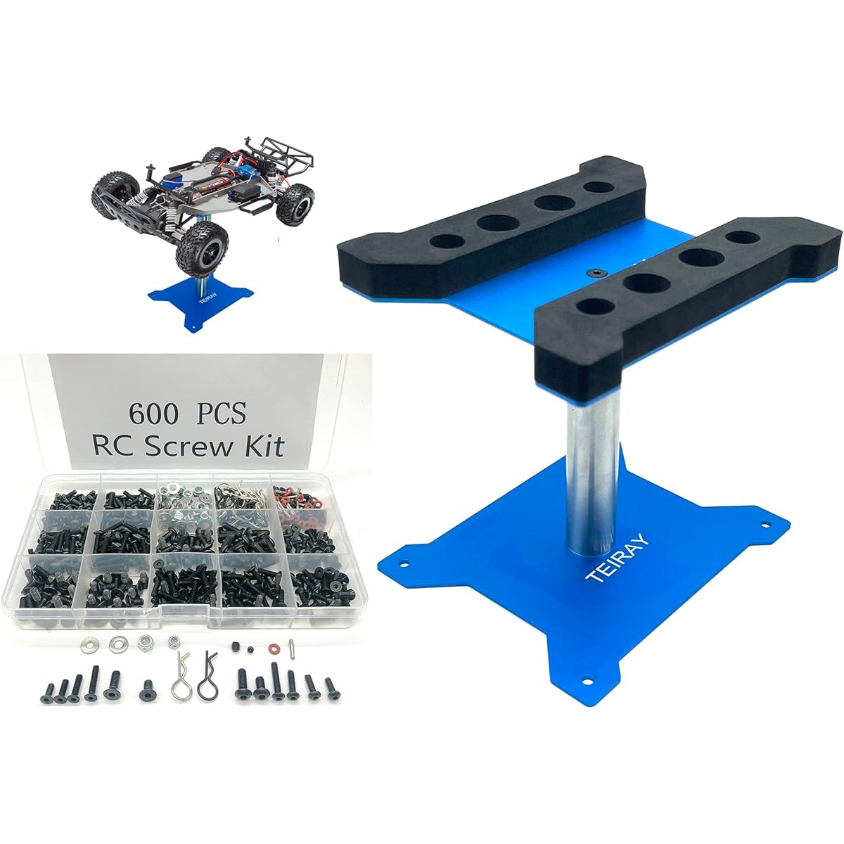 TEIRAY Universal RC Screw Kit Screw Assortment and Aluminum Repair Work Stand Hardware Fasteners for Traxxas Axial Redcat HPI Arrma SCX10 Losi 1/8 1/10 1/12 1/16 Car Crawler Body Clips (Blue)