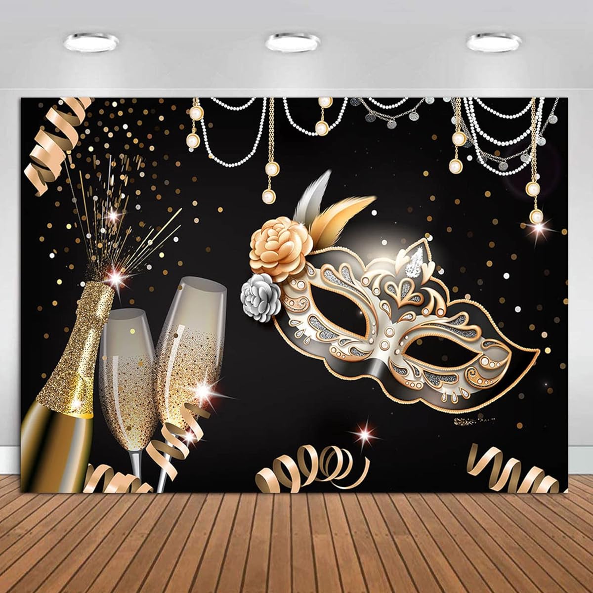 7x5ft Masquerade Party Backdrop Black & Gold Confetti Photo Banner Decoration Champagne Birthday Party Mask Prom Dance Party Photography Backdrop