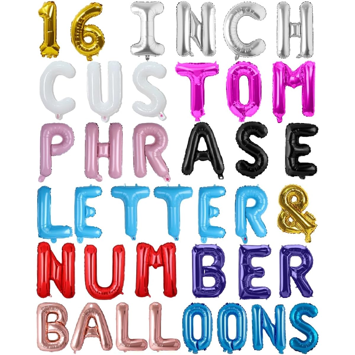 Letter Balloons - Custom Phrase 16" Balloons Alphabet & Number Foil Balloons - Letter Balloon Banner for Birthday/Baby Shower - Gold, Silver, Rose Gold, Red, Blue, Pearl White & Black