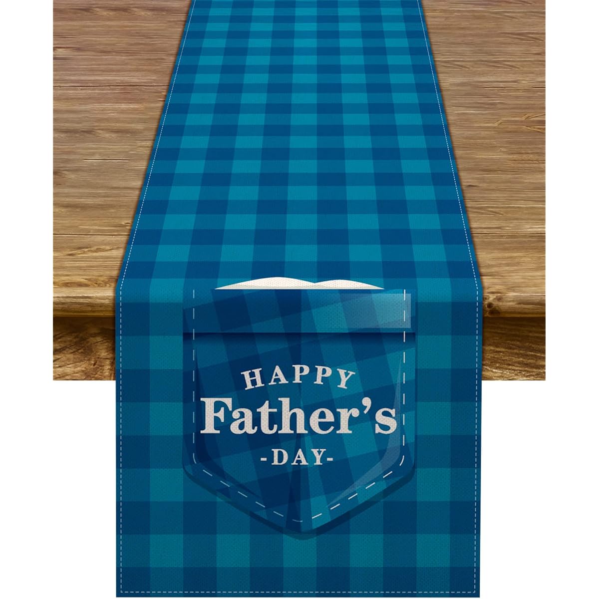 Father's Day Table Runner Blue Buffalo Check Plaid Tablecloth Pocket Rustic Kitchen Dining Room Home Decor
