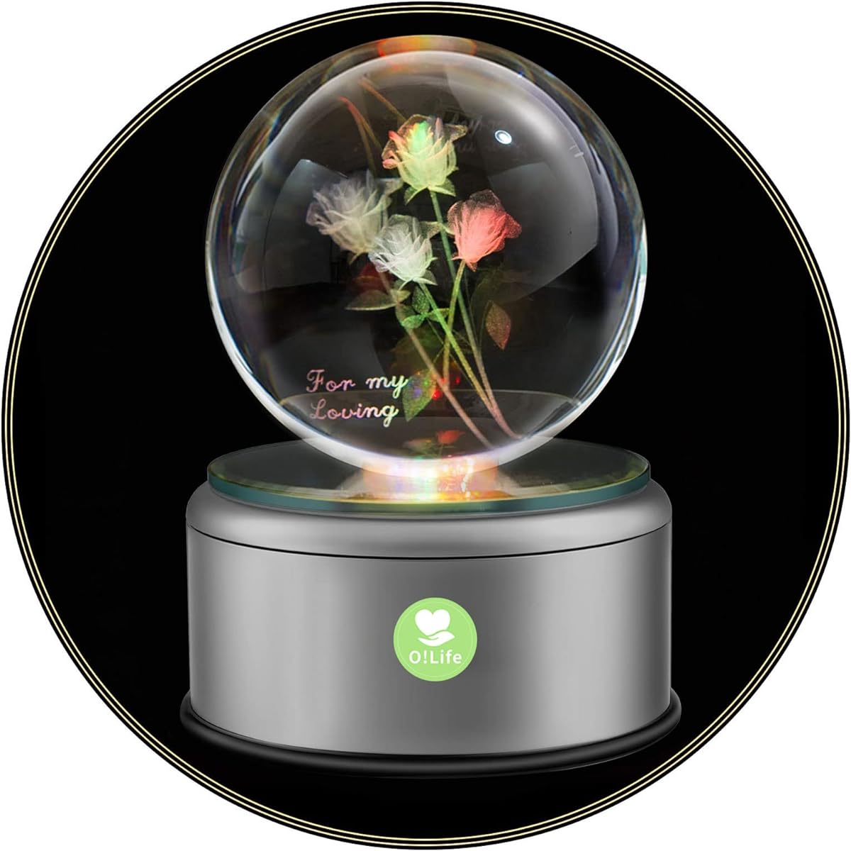 O!Life Music Box 3D Rose Crystal Ball with Colorful Rotating LED Lights, 18 Melodies, Musical Crystal Globe, Birthday, Anniversary, Valentine's Day, Christmas Gift for Women, Mother, Wife, Girl, Her
