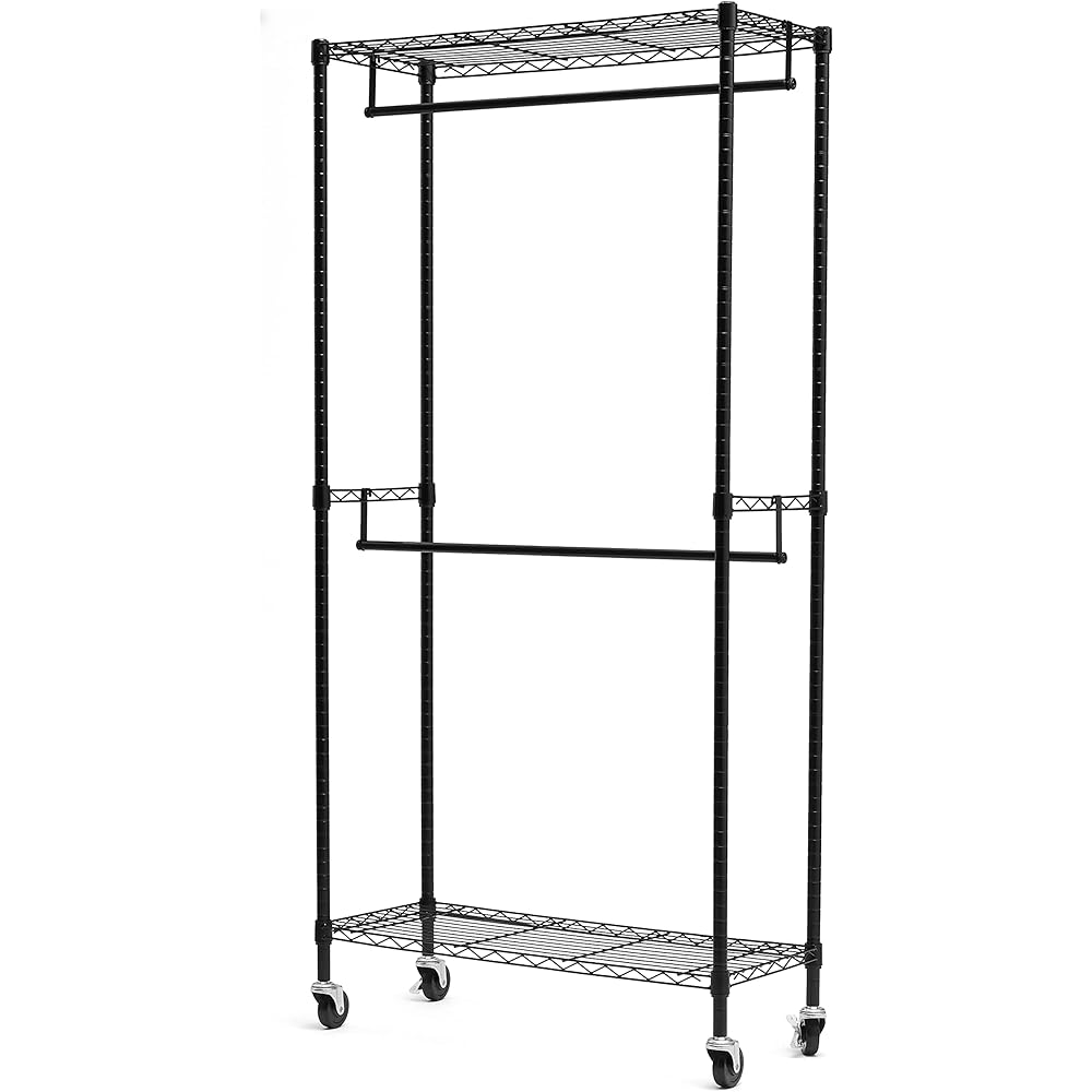 Hanger Rack 2 Tiers for Clothes with Wheels and Shelves, Load Capacity 181kg, 91.4 x 35.6 x 182.9 cm, Black