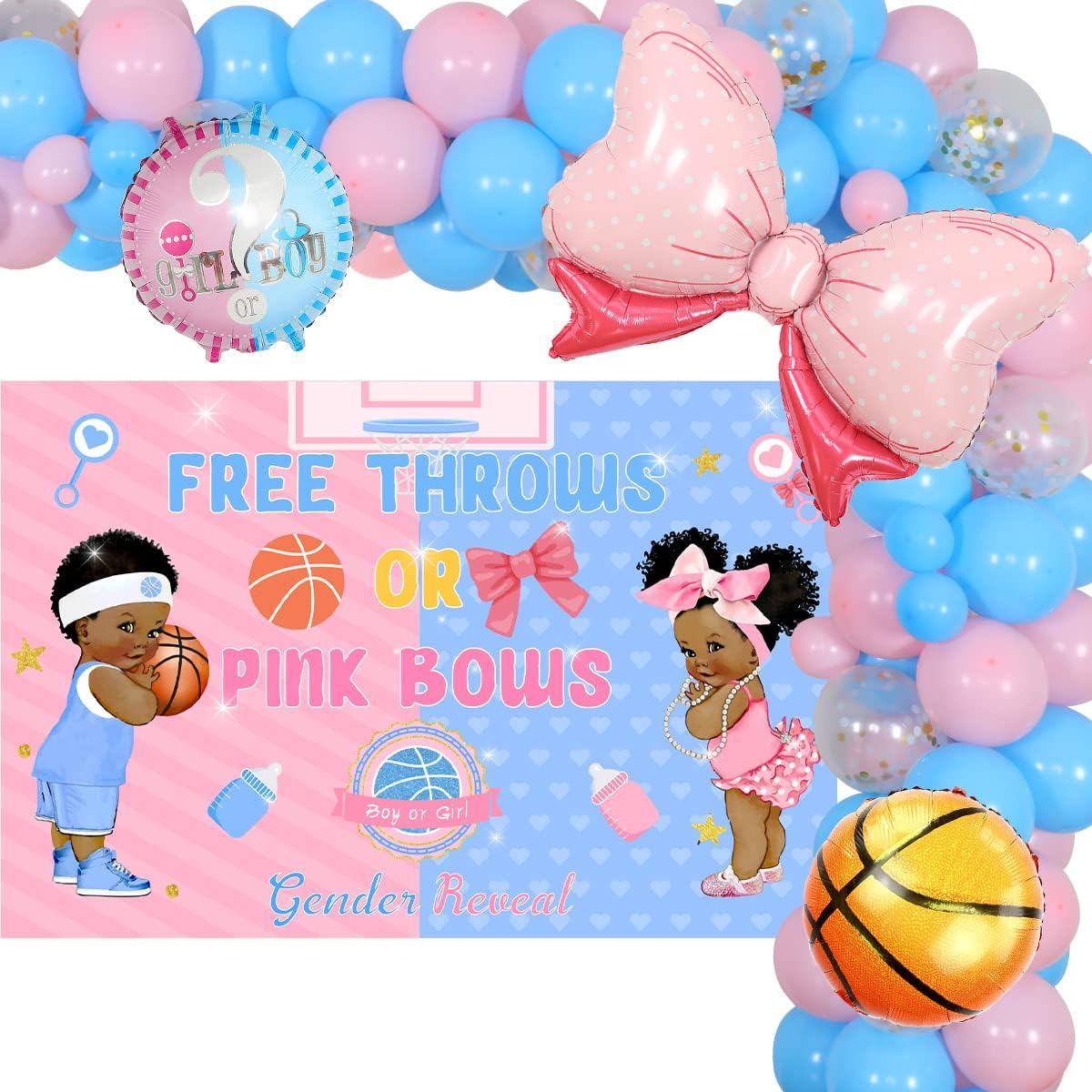 Basketball or Ribbon Gender Reveal Decorations Blue and Pink Balloon Garland Free Throw or Pink Ribbon Gender Reveal Backdrop Basketball Ribbon Baby Shower Decorations for Boys or Girls Gender Reveal Party