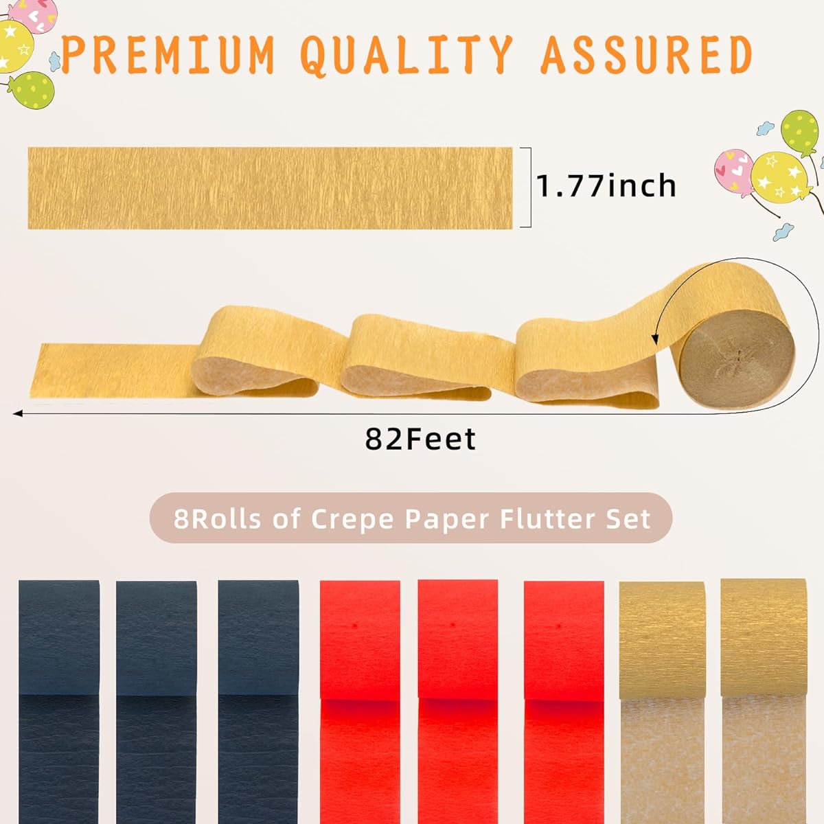 8 Rolls 656ft Black Red Crepe Paper Streamers Gold Paper Party Streamers for Birthday Wedding Bridal Baby Shower New Year Christmas Graduation Decorations Casino Theme Party Decorations Craft Supplies