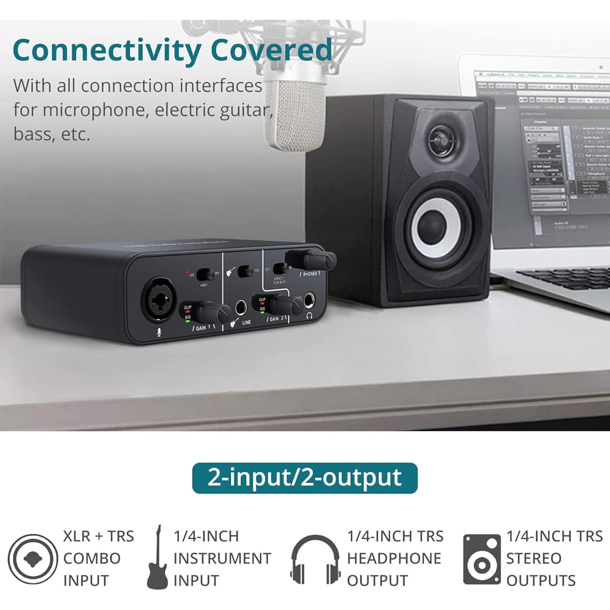 USB Audio Interface 2 in 2 Output, Computer Audio Interface with 48V Phantom Power TRS Balanced Free Driver Installation Supports Studio Sound Recording Streaming and Podcasting for PC/Win/Mac