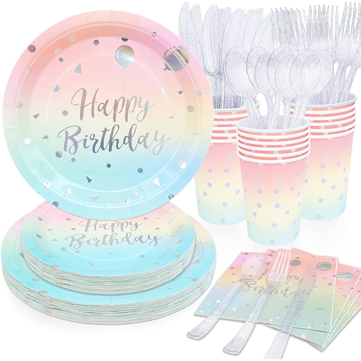 Pastel Rainbow Party Supplies Birthday Plates and Napkins Set for Girls - Pastel Party Plates, Sturdy Silverware, Cups, Napkins for Baby Shower and Birthday Party - Serves 16
