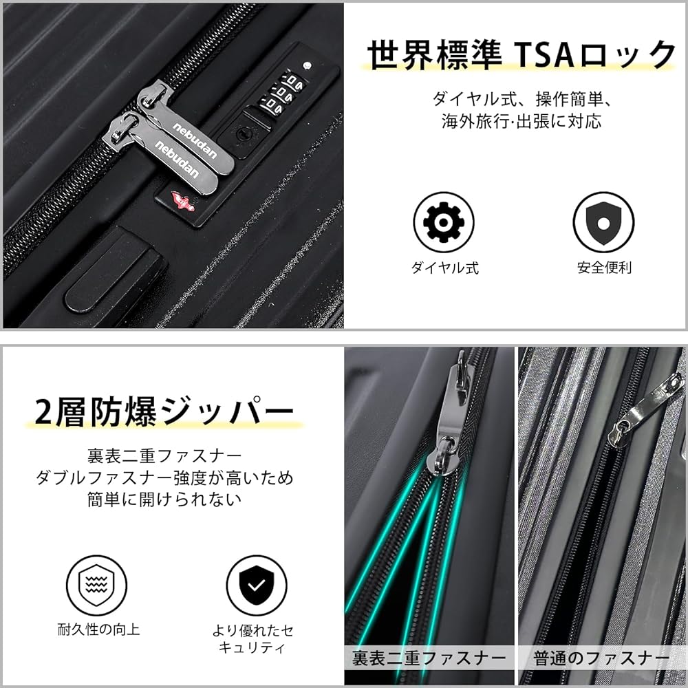 [nebudan] Suitcase, Carry Case, Carry Bag with Expansion Function, ABS+PC, Shockproof, Ultra Light, Large, Quiet, Double Casters [360 Degree Rotation & Removable] Equipped with TSA Rourke, Zipper Type, Travel, Business, Business Trip (M Size/4-7 Nights,