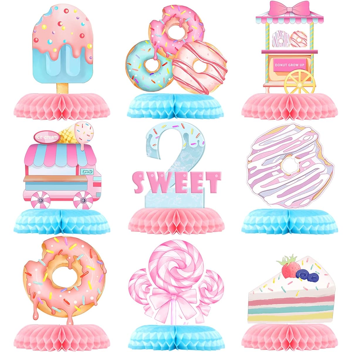 Donut 2 Sweet Birthday Party Decorations Donut Growing Honeycomb Centerpiece 3D Table Honeycomb 2nd Birthday Theme Party Decorations Girls Baby Shower Party Photography Props Supplies 9 Pieces