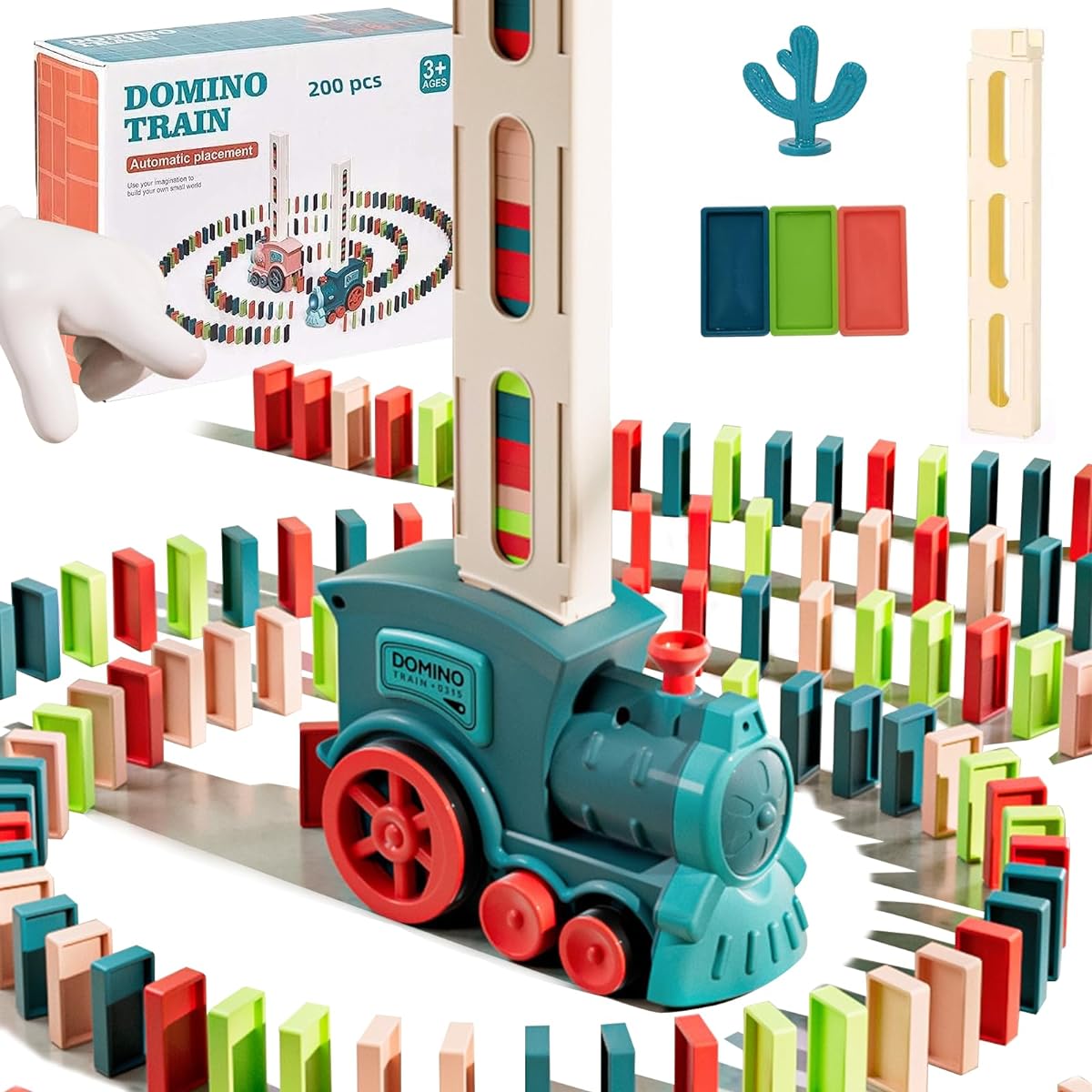 Prinlion Automatic Domino Train Toy, 200 Dominoes for Kids, Creative Domino Blocks Set, Stem Building and Stacking Toys with Sound and Light, Blue, 200 Dominoes